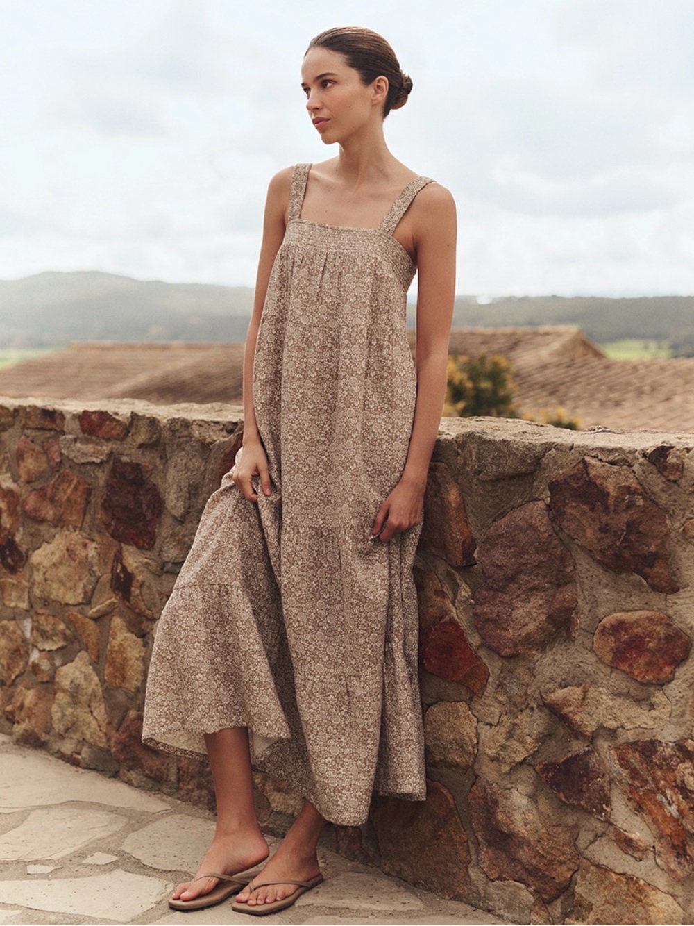 Pact Floral Beige Maxi Dress with Wide Straps